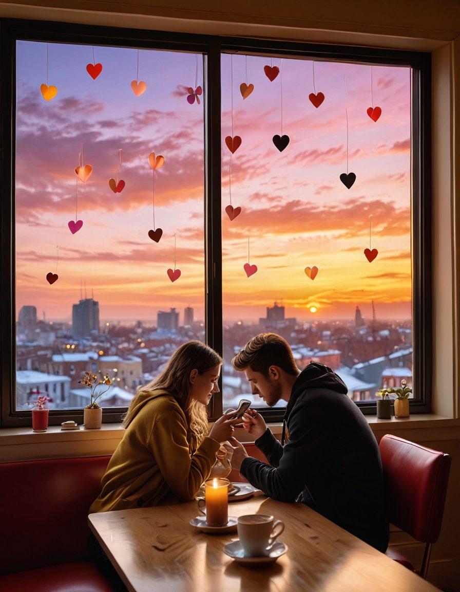 A couple sitting together in a cozy café, immersed in their smartphones, surrounded by whimsical hearts and digital love icons floating around them. The warm, inviting atmosphere reflects romance and connection, with soft lighting and a background of an open window showing a beautiful sunset. The scene captures the essence of love in the digital age, encouraging exploration and connection. vibrant colors. super-realistic.