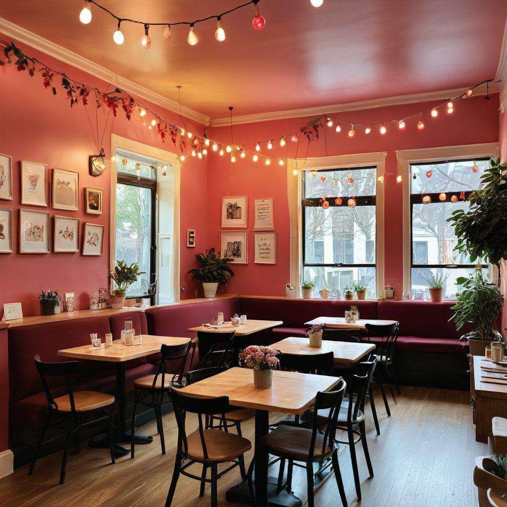 A heartwarming scene showcasing diverse individuals connecting through their laptops at cozy cafes, adorned with whimsical decorations. Soft glowing lights create an inviting atmosphere, with love letters and heart icons subtly integrated into the background. A blend of warm colors enhances the feeling of community and intimacy. super-realistic. vibrant colors. cozy ambiance.