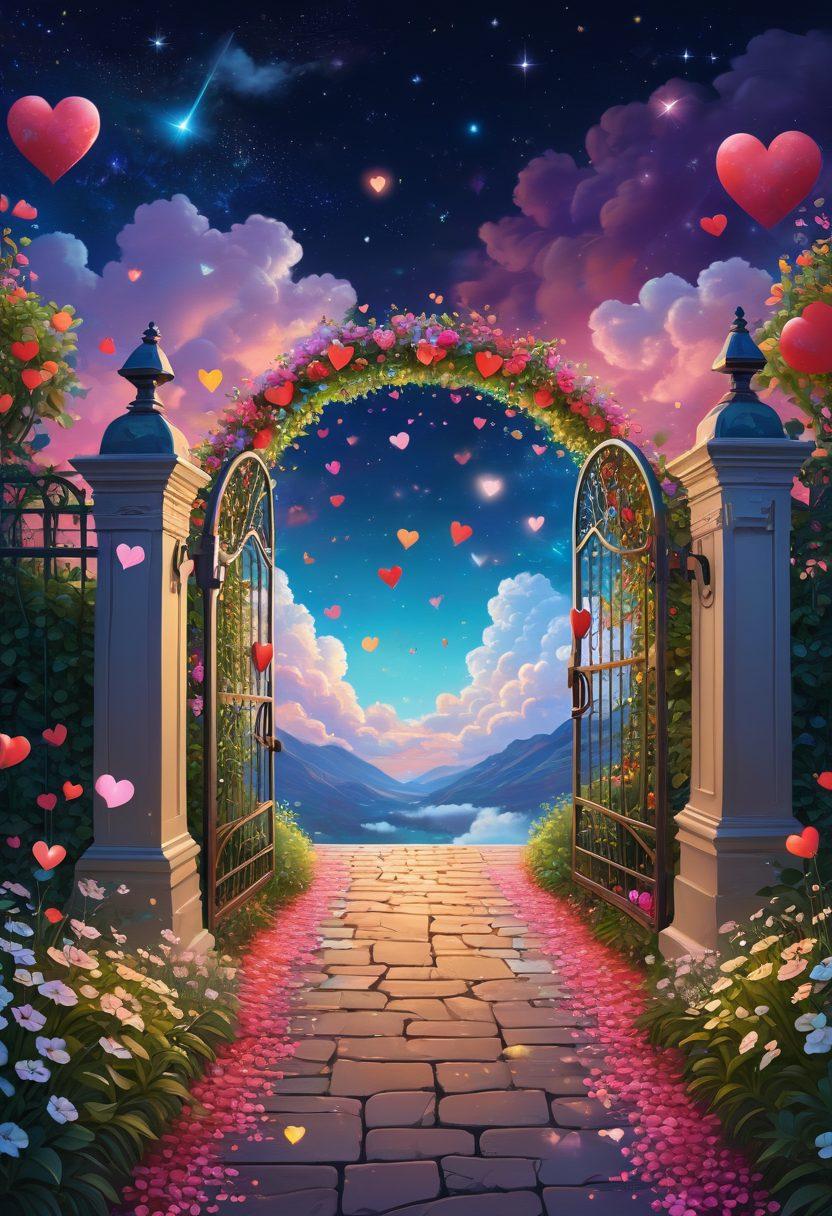 A whimsical illustration of a digital pathway lined with hearts and love letters, symbolizing online romance. On one side, there are barriers represented by firewalls and padlocks, while on the other side, an open gate glows with vibrant colors leading to a lush paradise of couples interacting through screens. The sky is filled with pixelated stars and fluffy clouds, representing the endless possibilities of love in the digital realm. bright colors. vector art. romantic theme.